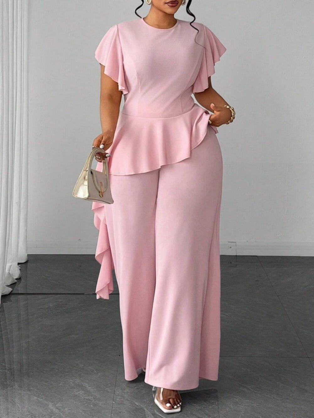 Baby Pink Elegant Women's Plus Size Round Neck Top And Wide Leg Pants Set - Picture 5 of 7